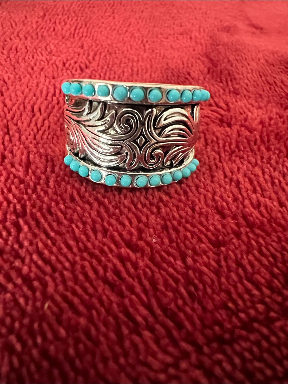 Turquoise Accent Silver-Tone Filigree Statement Ring